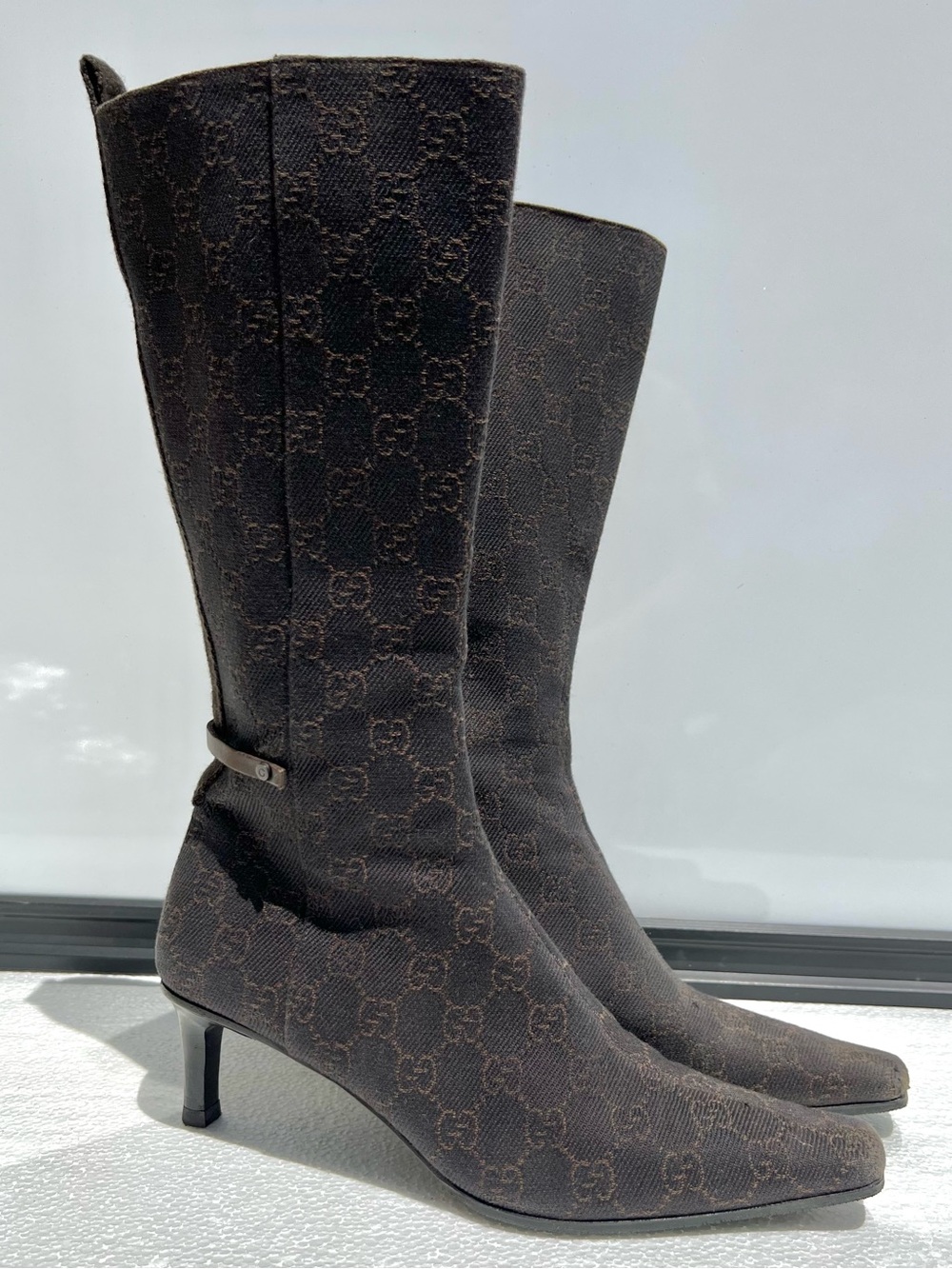 Gucci Monogram Allover GG Canvas Pointed Toe Knee High Boots Size 7